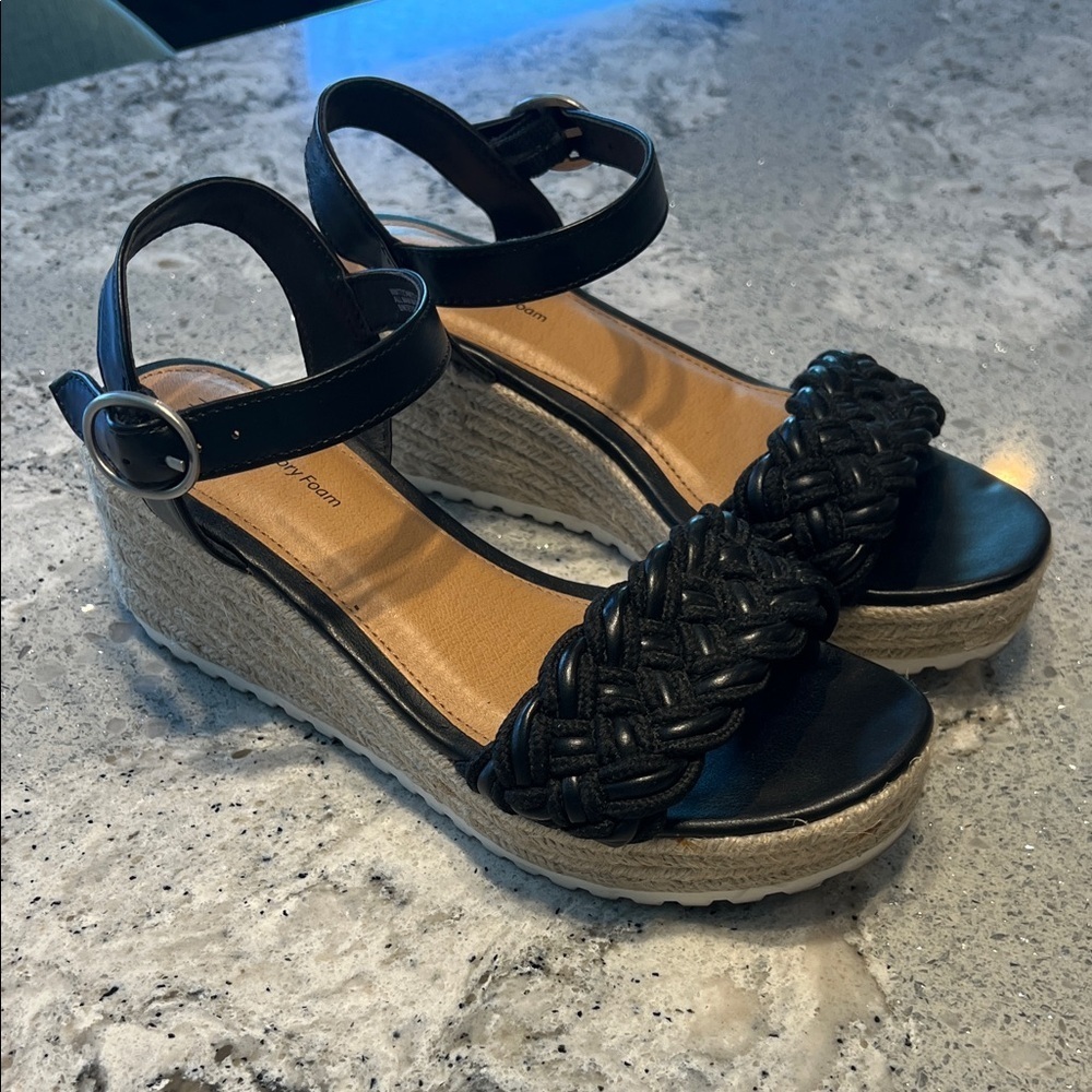 NEW Time and Tru Black Braided Wedge Sandals 6.5